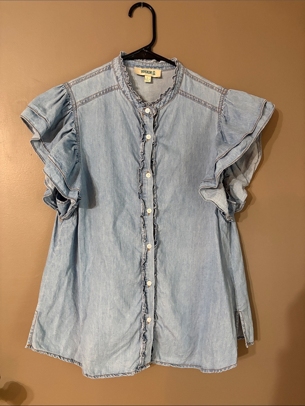 ROCKIN C  Light Blue Ruffle Sleeve Denim Blouse